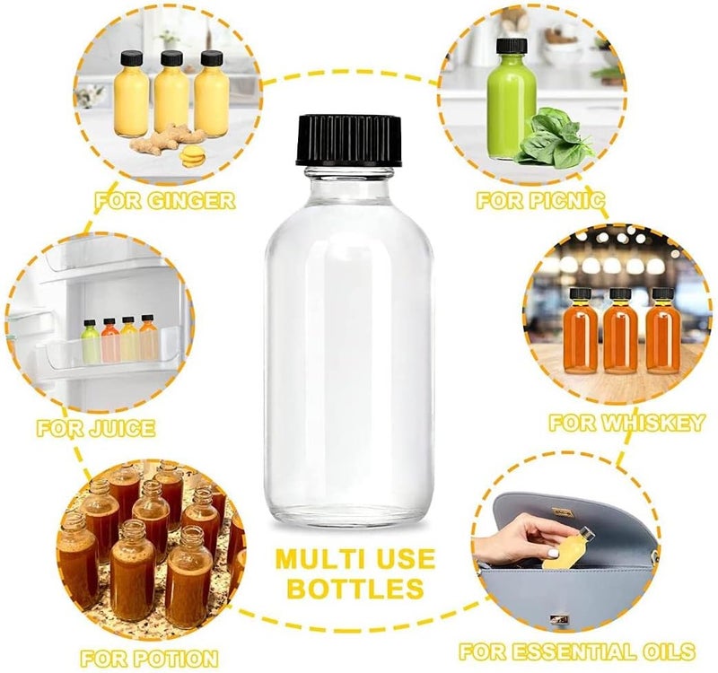 FUFU 12 Pack, 2 oz Small Clear Glass Bottles with Lids & 3 Stainless Steel Funnels - 60ml Boston Round Sample Bottles for Potion, Juice, Ginger Shots, Oils Simple multi-feature universal build - Image 4