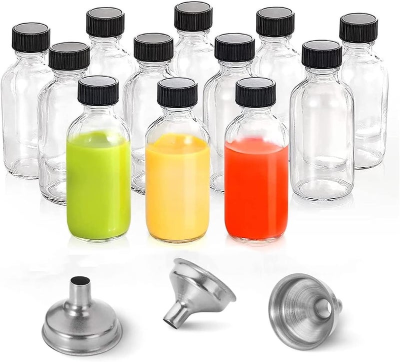 FUFU 12 Pack, 2 oz Small Clear Glass Bottles with Lids & 3 Stainless Steel Funnels - 60ml Boston Round Sample Bottles for Potion, Juice, Ginger Shots, Oils Simple multi-feature universal build - Image 1