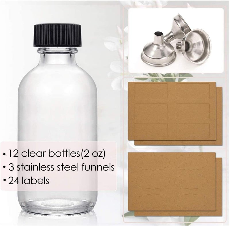 FUFU 12 Pack, 2 oz Small Clear Glass Bottles with Lids & 3 Stainless Steel Funnels - 60ml Boston Round Sample Bottles for Potion, Juice, Ginger Shots, Oils Simple multi-feature universal build - Image 2