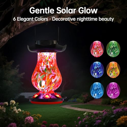 DesGully Solar Hummingbird Feeder for Outdoor 25 floz Hand Blown Glass Hummingbird Feeders for Outdoors Hanging Large Capacity with Moat 6 Colors Changing Light Outside Garden Decor Red - Image 3