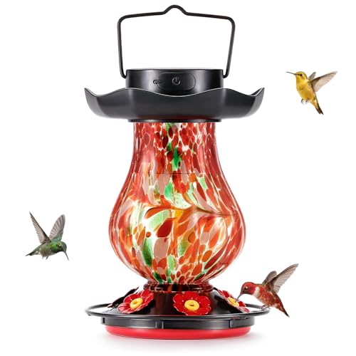 DesGully Solar Hummingbird Feeder for Outdoor 25 floz Hand Blown Glass Hummingbird Feeders for Outdoors Hanging Large Capacity with Moat 6 Colors Changing Light Outside Garden Decor Red - Image 1