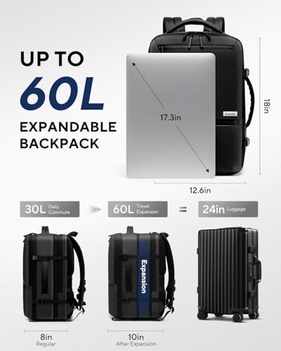 Dinictis Vacuum Seal Travel Backpack 60L Built-in Pump, Expandable Backpack with Vacuum Compression Fits 17 inch Laptop, Water Resistant Carry On Suitcase Luggage for Short Trip and Business-Black - Image 5