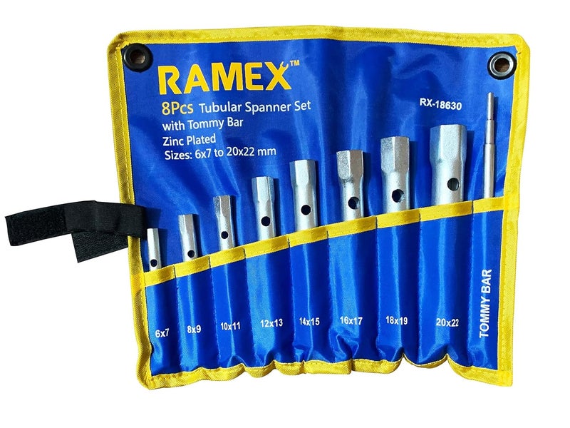 Ramex Tubular Box Wrench 6x7mm To 20x22mm, Tubular Box Spanner, Tube Spanner Wrench, Bike Wrench Set, Metric Socket Set Of 8 Pcs (Blue And Yellow Pouch Packing) - Image 1