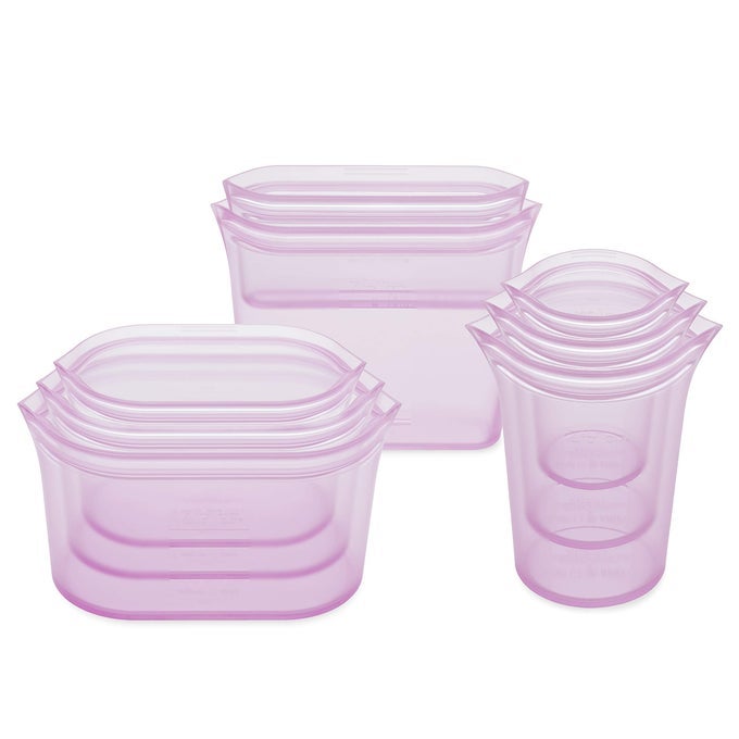 REUSABLE FOOD STORAGE BAGS FULL SET OF 8 LAVENDER SILICONE MEAL PREP CONTAINER MICROWAVE DISHWASHER AND FREEZER SAFE MADE IN THE USA