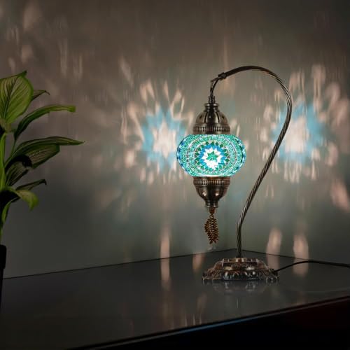 DEMMEX Turkish Moroccan Mosaic Table Lamp Handcrafted TiffanyStyle Colorful Glass Swan Neck Bedside Desk Table Light Boho Artisan Accent Lighting for Bedroom or Living Room 15 H Turquoise - Image 3