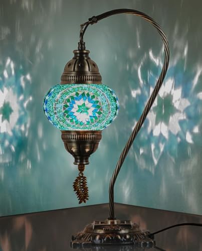 DEMMEX Turkish Moroccan Mosaic Table Lamp Handcrafted TiffanyStyle Colorful Glass Swan Neck Bedside Desk Table Light Boho Artisan Accent Lighting for Bedroom or Living Room 15 H Turquoise - Image 1
