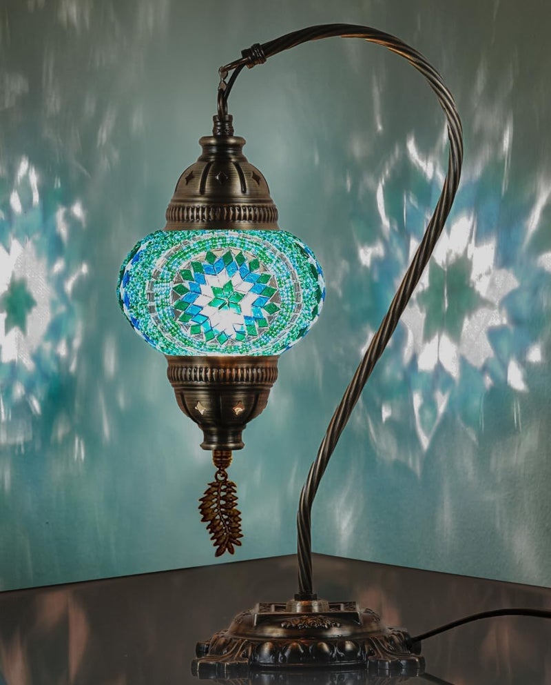 DEMMEX Turkish Moroccan Mosaic Table Lamp Handcrafted TiffanyStyle Colorful Glass Swan Neck Bedside Desk Table Light Boho Artisan Accent Lighting for Bedroom or Living Room 15 H Turquoise - Image 2
