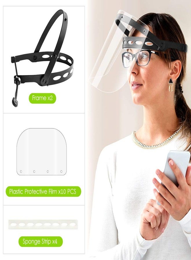 إيوا واقي وجه قابل للتعديل من إيوا (عبوة من قطعتين + 10 واقيات)، غطاء حماية شامل مع واقيات شفافة مضادة للضباب، واقيات وجه شفافة خفيفة الوزن (إطاران داعمان + 10 واقيات قابلة للاستبدال + 4 شرائط إسفنجية) - أسود - Image 2