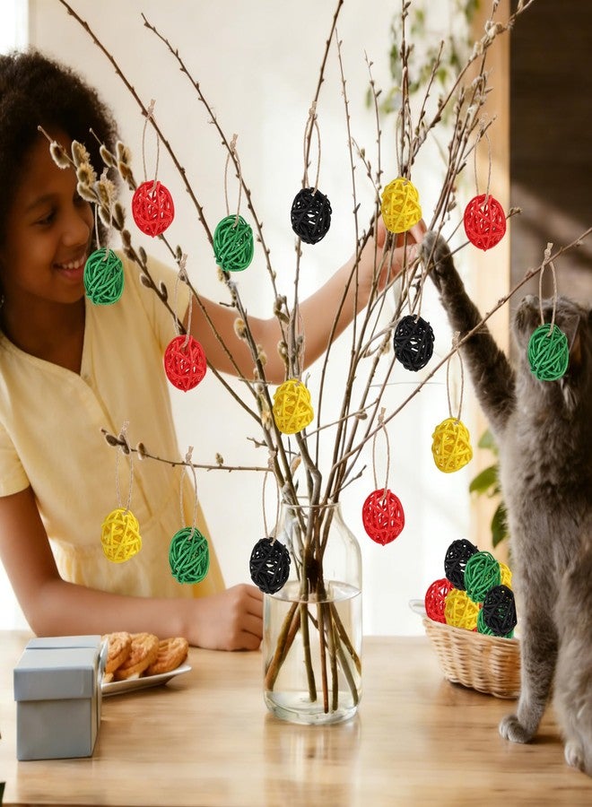 Lucleag 32Pcs Black Red Green Yellow Natural Rattan Balls Ornament Vase Filler, African American Wicker Hanging Decor for Black History Month Juneteenth Kwanzaa Tree Home Table Decor Party Supplies - Image 2
