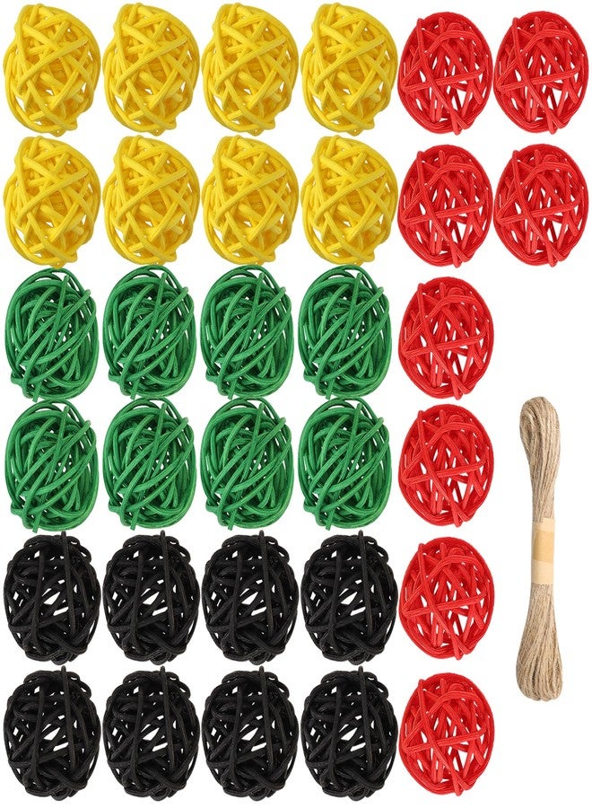 Lucleag 32Pcs Black Red Green Yellow Natural Rattan Balls Ornament Vase Filler, African American Wicker Hanging Decor for Black History Month Juneteenth Kwanzaa Tree Home Table Decor Party Supplies - Image 1