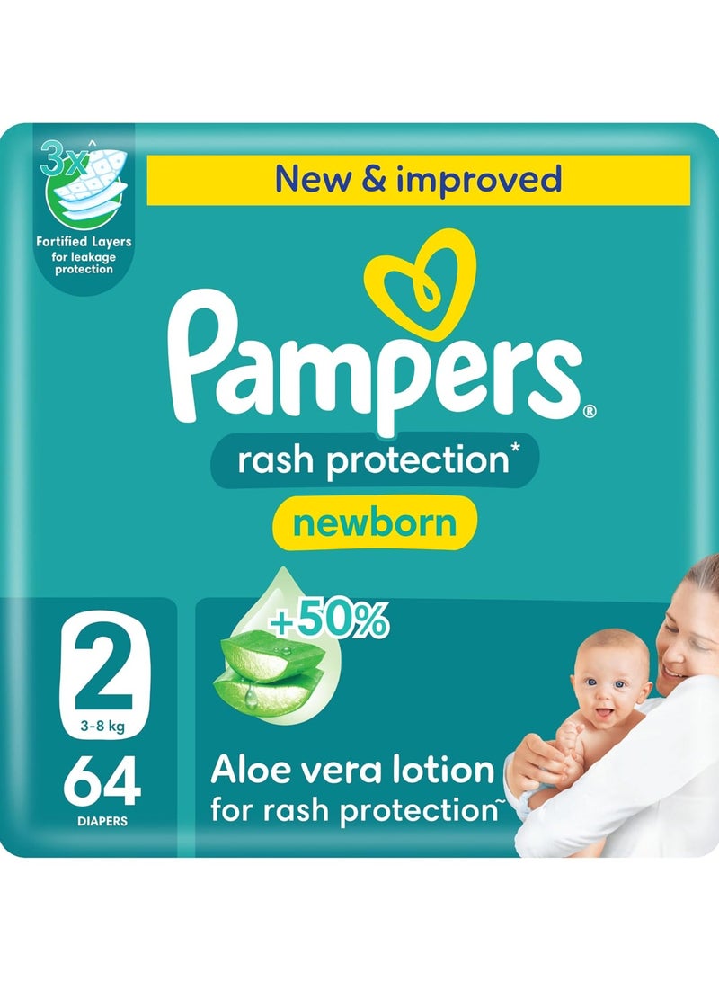 حفاضات بامبرز لحماية الطفح الجلدي، الحجم 2، 3-8 كجم، +50% لوشن الألوة فيرا لحماية الطفح الجلدي، 3 طبقات معززة لحماية من التسرب، عبوة كبيرة، 64 قطعة