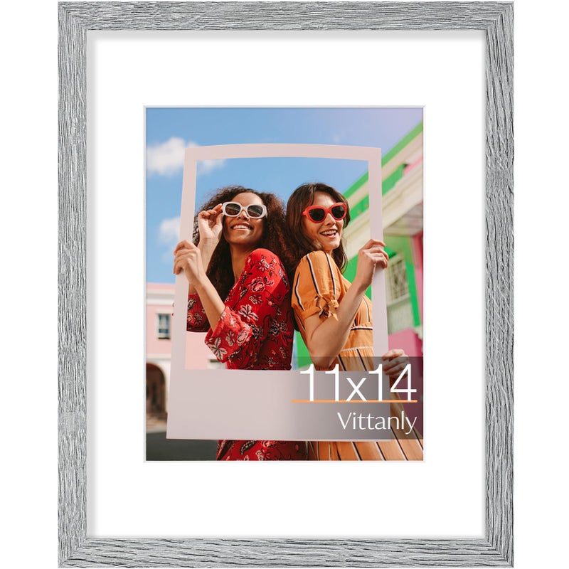 Vittanly 11x14 Picture Frame, Display Pictures 8x10 with Mat or 11x14 without Mat, Engineered Wood with Shatter Resistant Plexiglass, Photo Frame for Wall Mounting, Grey, 1 Pack - Image 1