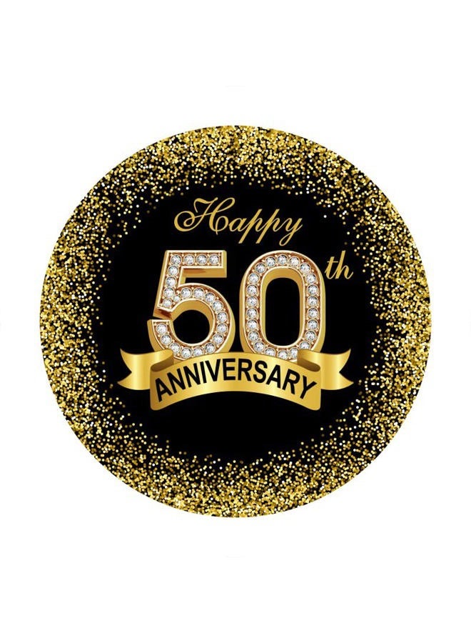 DORCEV 7.2x7.2ft Happy 50th Anniversary Round Backdrop Cover Luxurious Black Gold Happy 50th Years Wedding Anniversary Party Circle Backdrop Background Gold Glitter Diamond Ribbon Decor Banquet Props - Image 4
