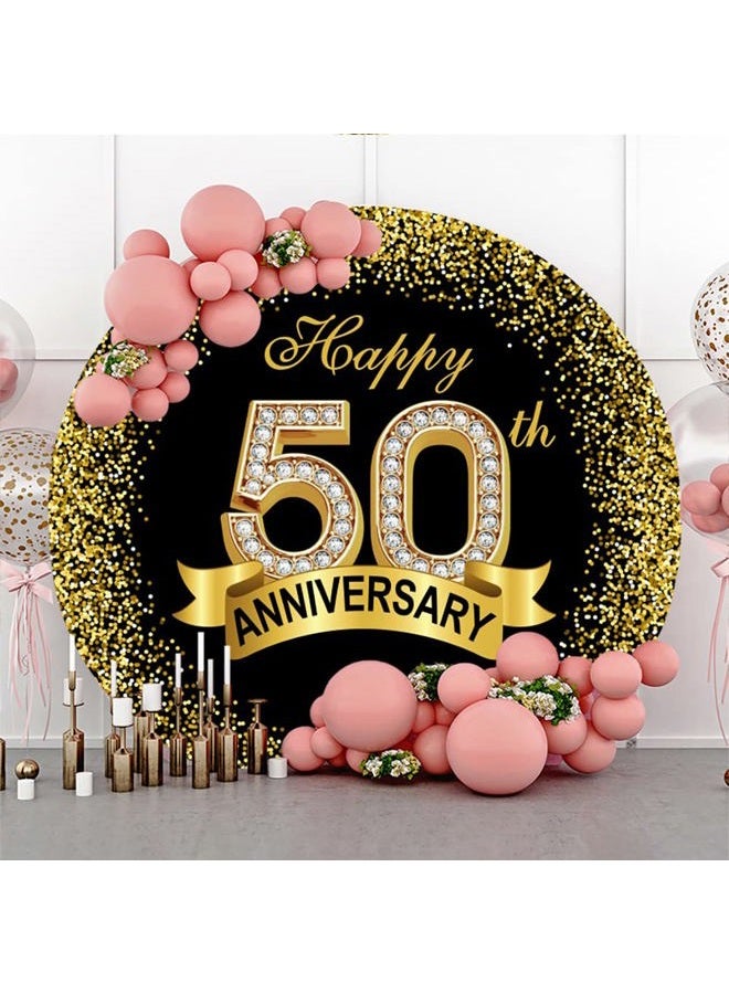 DORCEV 7.2x7.2ft Happy 50th Anniversary Round Backdrop Cover Luxurious Black Gold Happy 50th Years Wedding Anniversary Party Circle Backdrop Background Gold Glitter Diamond Ribbon Decor Banquet Props - Image 2