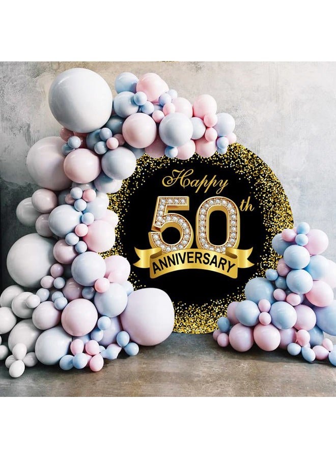 DORCEV 7.2x7.2ft Happy 50th Anniversary Round Backdrop Cover Luxurious Black Gold Happy 50th Years Wedding Anniversary Party Circle Backdrop Background Gold Glitter Diamond Ribbon Decor Banquet Props - Image 3