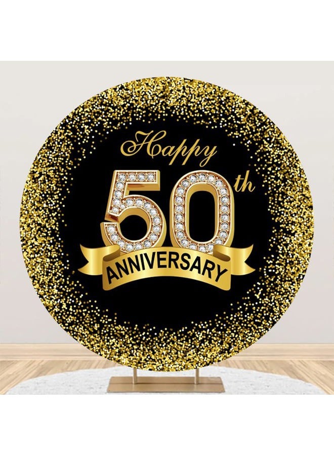 DORCEV 7.2x7.2ft Happy 50th Anniversary Round Backdrop Cover Luxurious Black Gold Happy 50th Years Wedding Anniversary Party Circle Backdrop Background Gold Glitter Diamond Ribbon Decor Banquet Props - Image 1