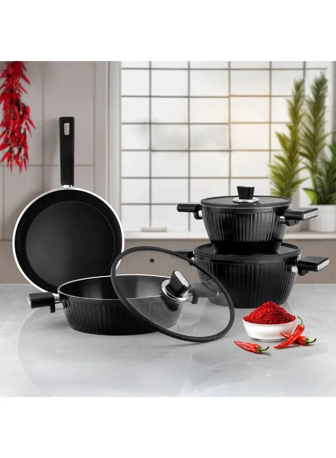 دانوب هوم Lines 7-Piece Cristal Cookware Set – Titanium Teflon Coating, PFOA-Free Nonstick Cookware – Durable, Heat-Resistant Pots & Pans for Kitchen, Cooking & Frying - Black