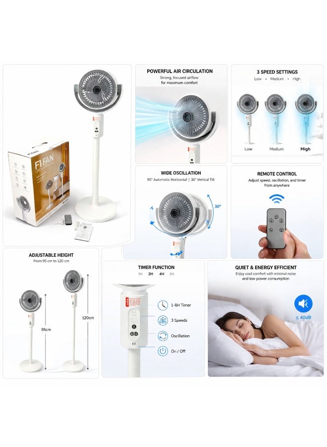 اف 1 مروحة تدوير هواء F1 مع جهاز تحكم عن بعد – ارتفاع قابل للتعديل، تدفق هواء قوي، 3 سرعات، تشغيل هادئ، تصميم عصري – أبيض - Image 4