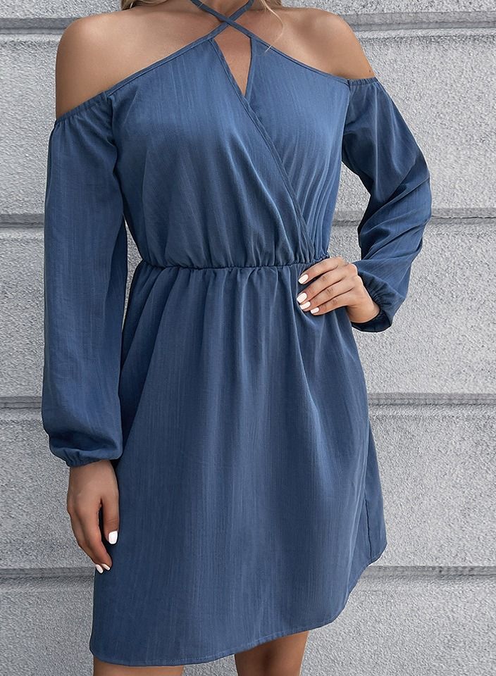 Loquat Women's Solid V-Neck Dress Blue 