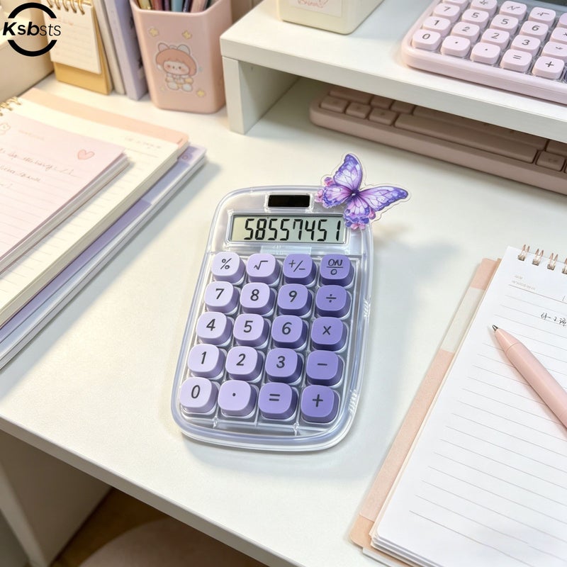 Purple Transparent Calculator with Large Screen Digital Display Solar Powered Quiet Keys Ideal for Learning Exam Office Finance Home Use Includes Random Butterfly Stickers - Image 1