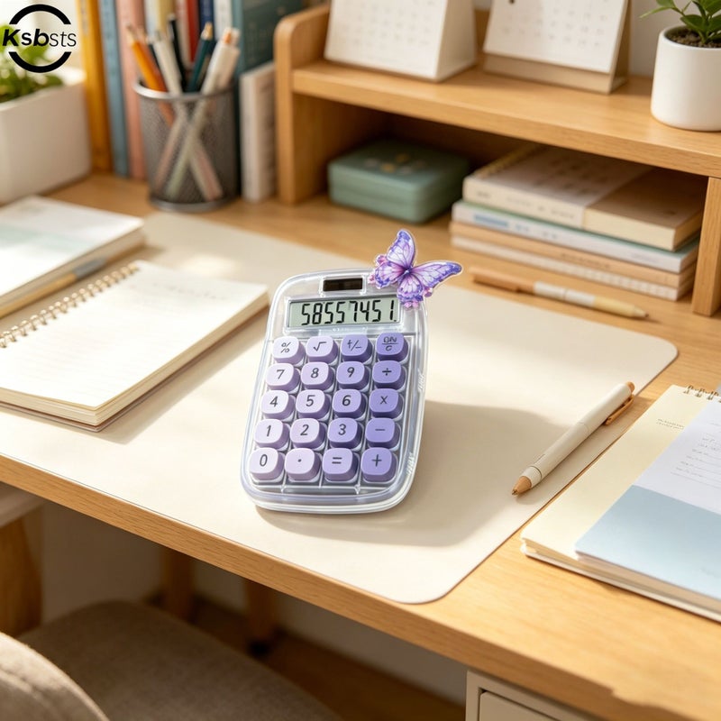 Purple Transparent Calculator with Large Screen Digital Display Solar Powered Quiet Keys Ideal for Learning Exam Office Finance Home Use Includes Random Butterfly Stickers - Image 3