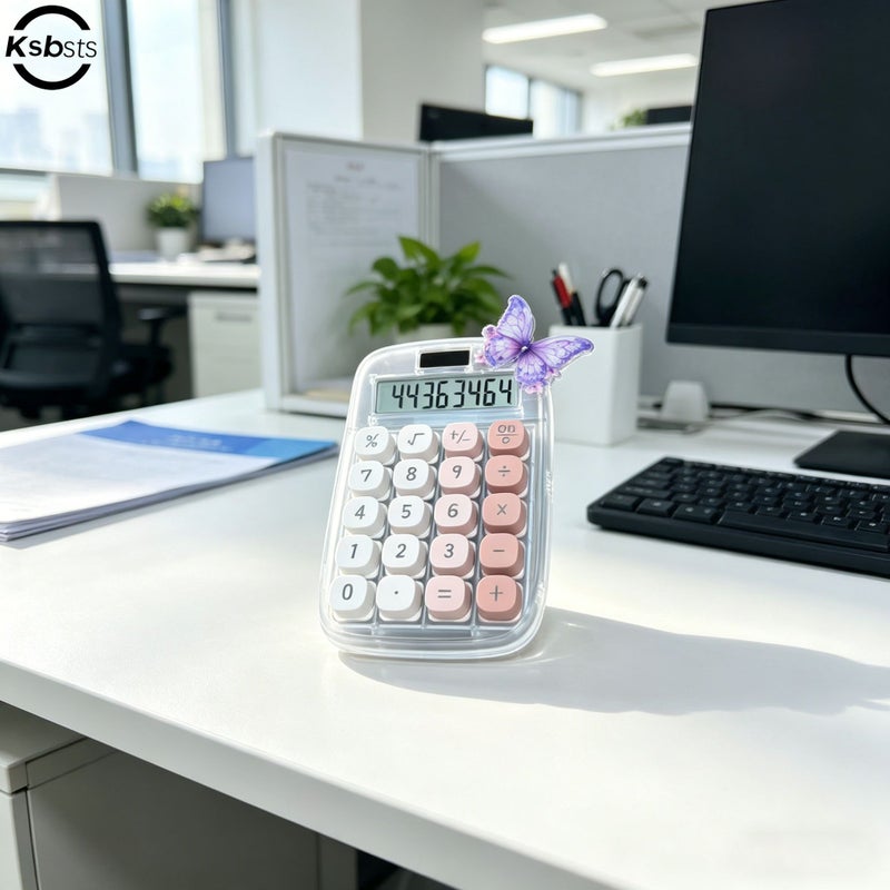 Purple Transparent Calculator with Large Screen Digital Display Solar Powered Quiet Keys Ideal for Learning Exam Office Finance Home Use Includes Random Butterfly Stickers - Image 5