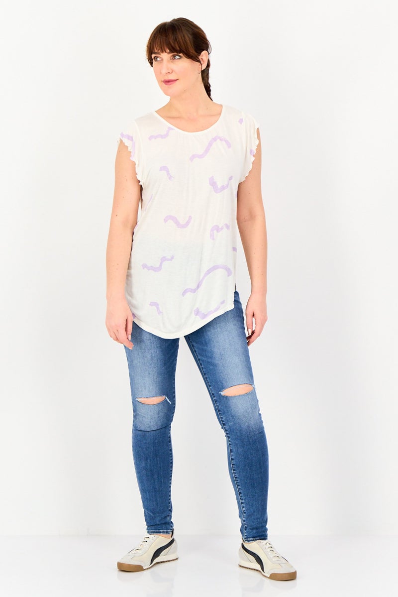 VERO MODA تي شيرت جرافيك بطباعة من فيرو مودة للنساء بأكمام متدرجة و ياقة دائرية، أبيض - Image 4