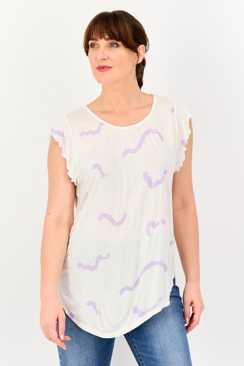 VERO MODA تي شيرت جرافيك بطباعة من فيرو مودة للنساء بأكمام متدرجة و ياقة دائرية، أبيض - Image 1