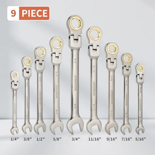 BOOSDEN 9-Piece Ratcheting Wrench Set, Flex-Head Ratchet Combination Wrench Sets with Roll-up Pouch, SAE 1/4-3/4" for Household, Garage, Auto Repairs - Image 2