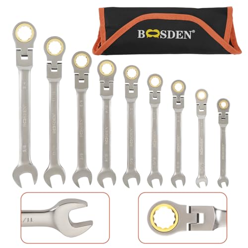 BOOSDEN 9-Piece Ratcheting Wrench Set, Flex-Head Ratchet Combination Wrench Sets with Roll-up Pouch, SAE 1/4-3/4" for Household, Garage, Auto Repairs - Image 1
