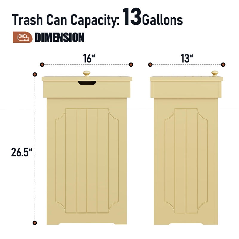 Function Home Trash Can Cabinet, 13 Gallon Kitchen Garbage Can, Wooden Recycling Trash Bin, Dog Proof Trash Can, Trash Cabinet with Lid for Home Kitchen Bathroom, Yellow - Image 3