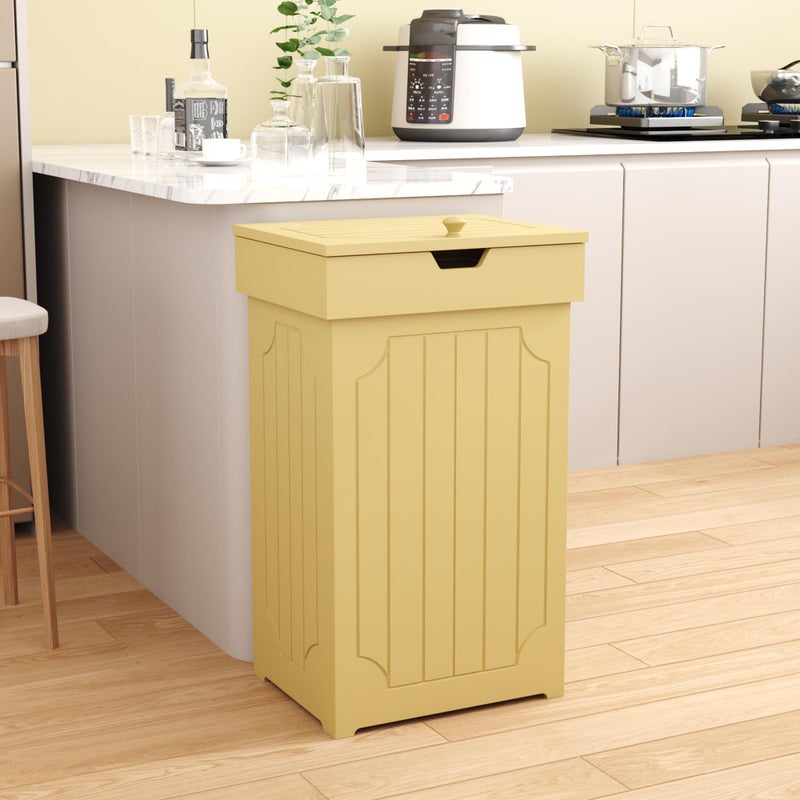 Function Home Trash Can Cabinet, 13 Gallon Kitchen Garbage Can, Wooden Recycling Trash Bin, Dog Proof Trash Can, Trash Cabinet with Lid for Home Kitchen Bathroom, Yellow - Image 2