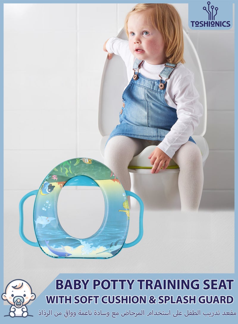 توشيونيكس مقعد تدريب الطفل على استخدام المرحاض مع مقابض مدمجة وواقي من الرذاذ ووسادة ناعمة قابلة للفصل، غطاء مقعد مرحاض مريح وآمن للأطفال الرضع والأطفال الصغار، محمول وخفيف الوزن وسهل التنظيف ومتوافق مع مقاعد المرحاض العادية والمستطيلة، مقعد مرحاض مناسب للسفر للأولاد والبنات - Image 1