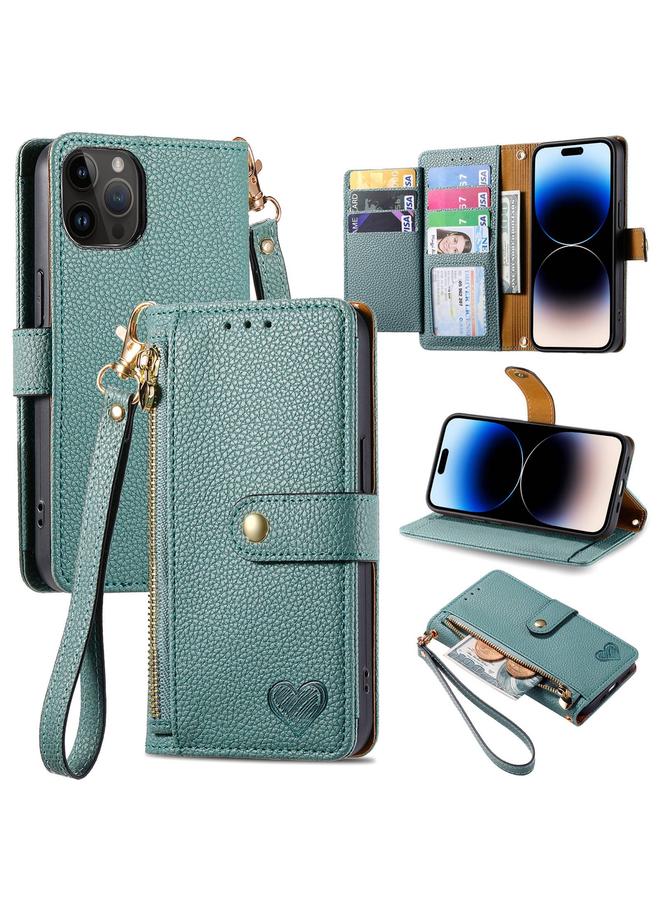 S-TOP Case For iPhone 15 Pro Love Zipper Lanyard Leather Phone Case - Image 1