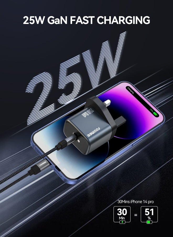 فو ميالتكنولوجيا المحدودة شاحن USB-C بقوة 25 واط بتقنية الشحن السريع GaN مع كابل USB-C إلى Lightning بطول 3.3 قدم محول سفر عالمي لأجهزة iPhone 14 Promax وسلسلة 13 12 11 للاستخدام اليومي والسفر - Image 2