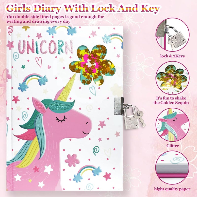 GINMLYDA Girls Diary with Lock for Kids, Unicorn Diaries 7.1x5.3 160 Pages Cute Girl Journal Secret Notebook with Lock and Key for Little Kid Writing Drawing Gift for Pre school Age 6,8,12 - Image 3
