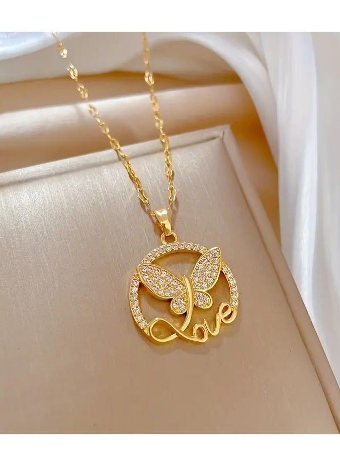 Home Clearance Sale - Stainless Steel Butterfly Love Letter Pendant Necklace with Cubic Zirconia, Trendy Clavicle Chain Jewelry Gift for Women and Girls - Image 1