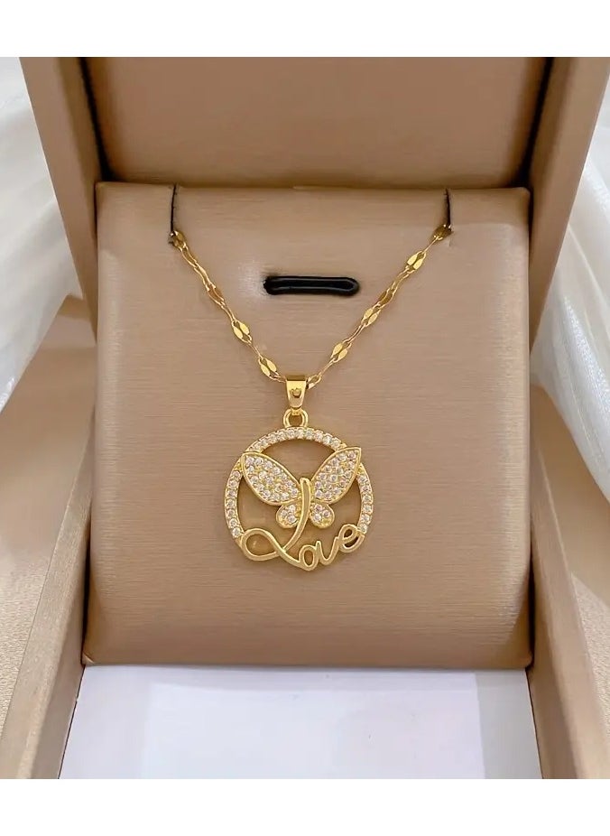Home Clearance Sale - Stainless Steel Butterfly Love Letter Pendant Necklace with Cubic Zirconia, Trendy Clavicle Chain Jewelry Gift for Women and Girls - Image 1