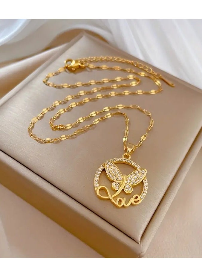 Home Clearance Sale - Stainless Steel Butterfly Love Letter Pendant Necklace with Cubic Zirconia, Trendy Clavicle Chain Jewelry Gift for Women and Girls - Image 1