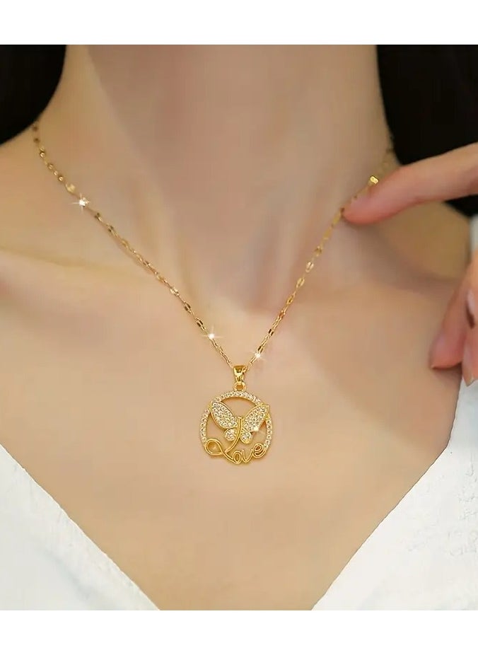 Home Clearance Sale - Stainless Steel Butterfly Love Letter Pendant Necklace with Cubic Zirconia, Trendy Clavicle Chain Jewelry Gift for Women and Girls - Image 1