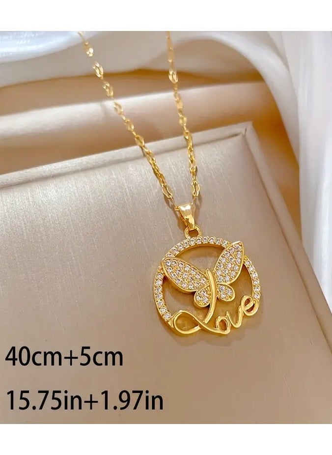 Home Clearance Sale - Stainless Steel Butterfly Love Letter Pendant Necklace with Cubic Zirconia, Trendy Clavicle Chain Jewelry Gift for Women and Girls - Image 1