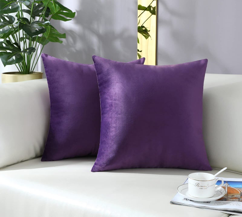 mixeoo Comfy Eggplant Purple Throw Pillow Covers Decorative Square Solid Thick Velvet Super Soft Cushion Cases Home Decor for Sofa Couch Living Room Chair Set of 2 18 x 18 Inch