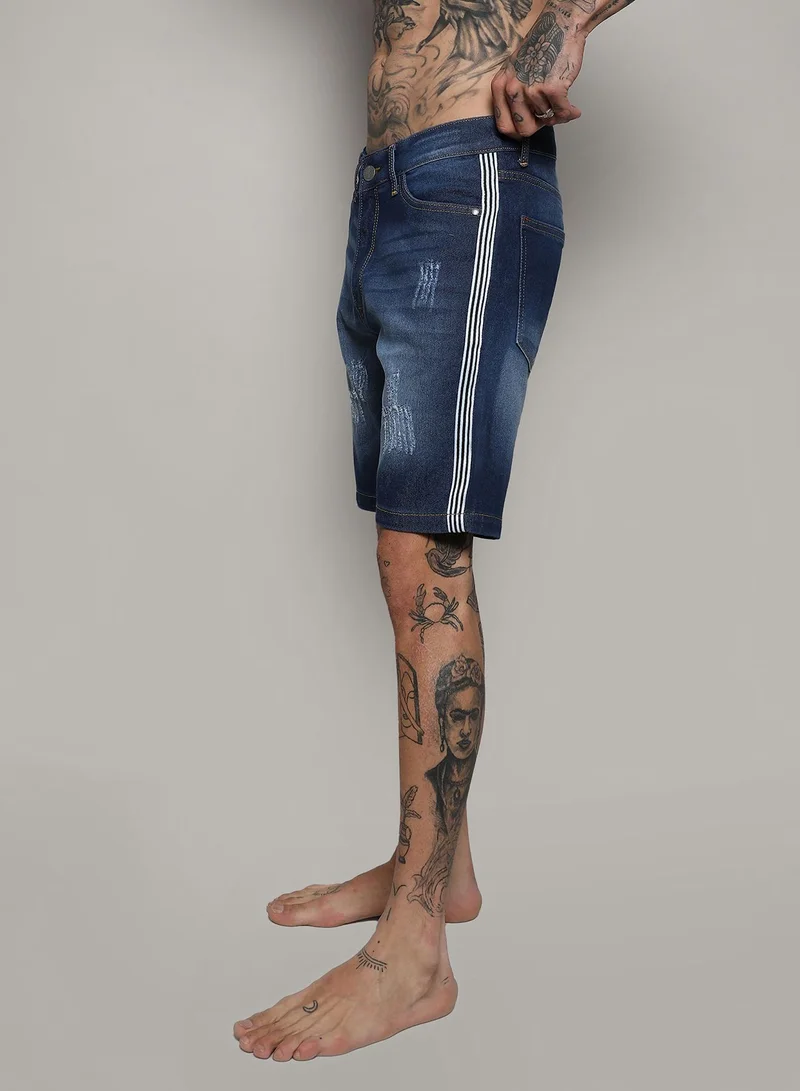 Campus Sutra Men's Blue Pencil Side-Striped Denim Shorts