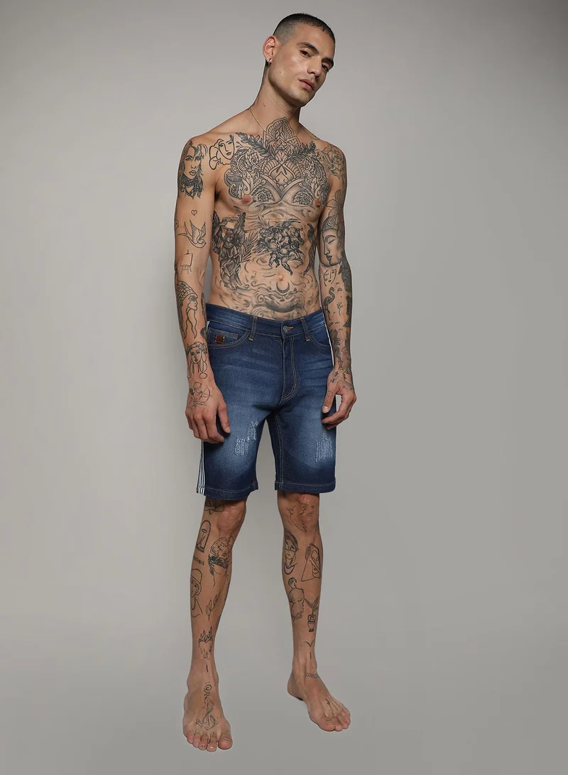 Campus Sutra Men's Blue Pencil Side-Striped Denim Shorts