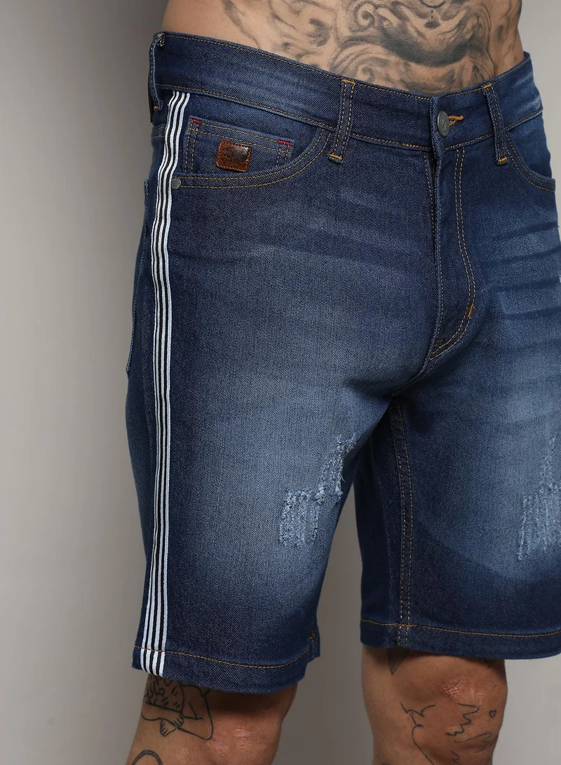 Campus Sutra Men's Blue Pencil Side-Striped Denim Shorts