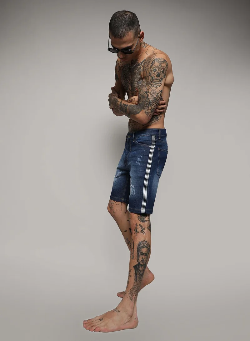 Campus Sutra Men's Blue Pencil Side-Striped Denim Shorts
