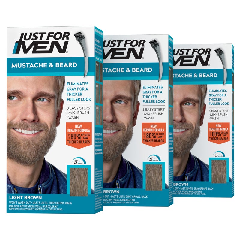 Just For Men Mustache & Beard, Beard Dye for Men with Brush Included, With Keratin Biotin Aloe and Coconut Oil for Healthy Facial Hair - Light Brown, M-25, Pack of 3 (Packaging May Vary) - Image 1