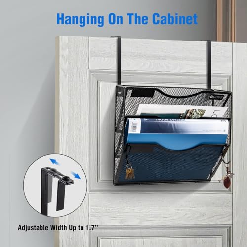 BOHDK Wall File Organizer, 3 Tire Hanging File Folder Mail Organizer, Vertical Mesh Metal Door/Wall Mount Hanging File Holder, Paper Document Magazine Rack with Hooks for Home Office Black - Image 4