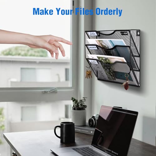 BOHDK Wall File Organizer, 3 Tire Hanging File Folder Mail Organizer, Vertical Mesh Metal Door/Wall Mount Hanging File Holder, Paper Document Magazine Rack with Hooks for Home Office Black - Image 3