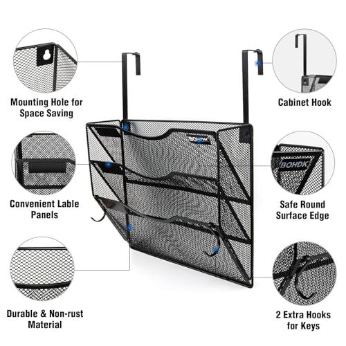 BOHDK Wall File Organizer, 3 Tire Hanging File Folder Mail Organizer, Vertical Mesh Metal Door/Wall Mount Hanging File Holder, Paper Document Magazine Rack with Hooks for Home Office Black - Image 2